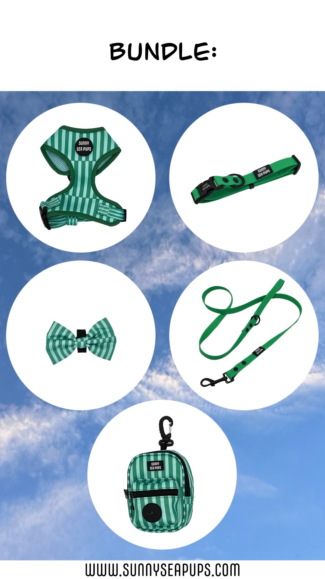 Coastal Calm - Bundle 1: Harness, Bow Tie, Tums & Bums Pouch, Waterproof Collar & Lead