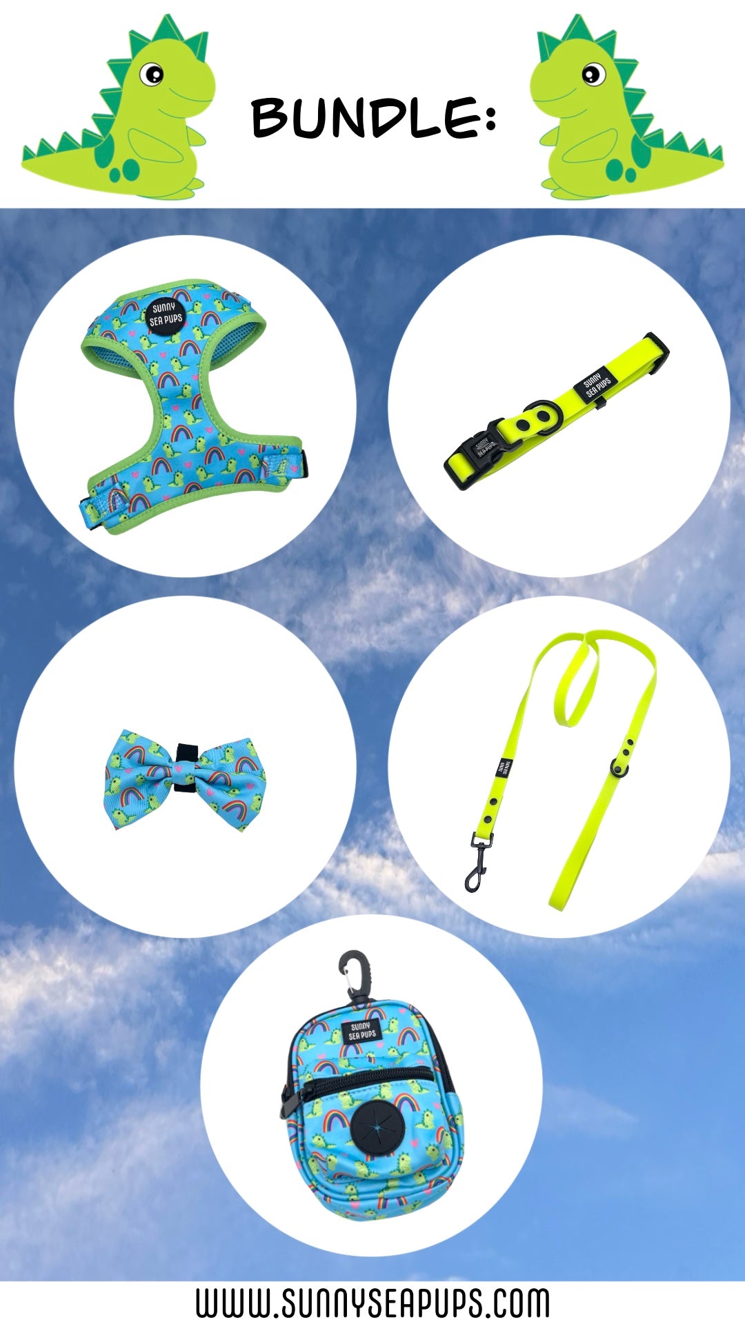 Lil Sea-Saurus - Bundle 1: Harness, Bow Tie, Tums & Bums Pouch, Waterproof Collar & Lead