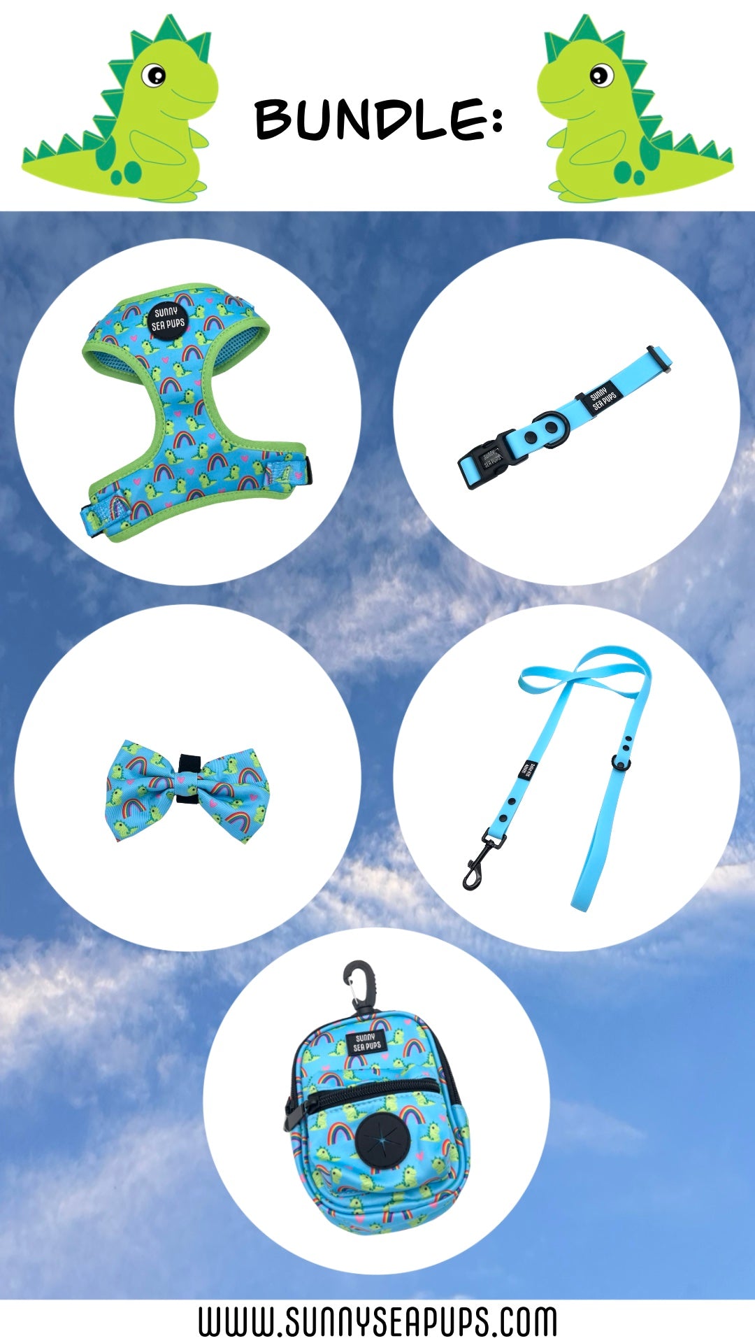 Lil Sea-Saurus - Bundle 1: Harness, Bow Tie, Tums & Bums Pouch, Waterproof Collar & Lead