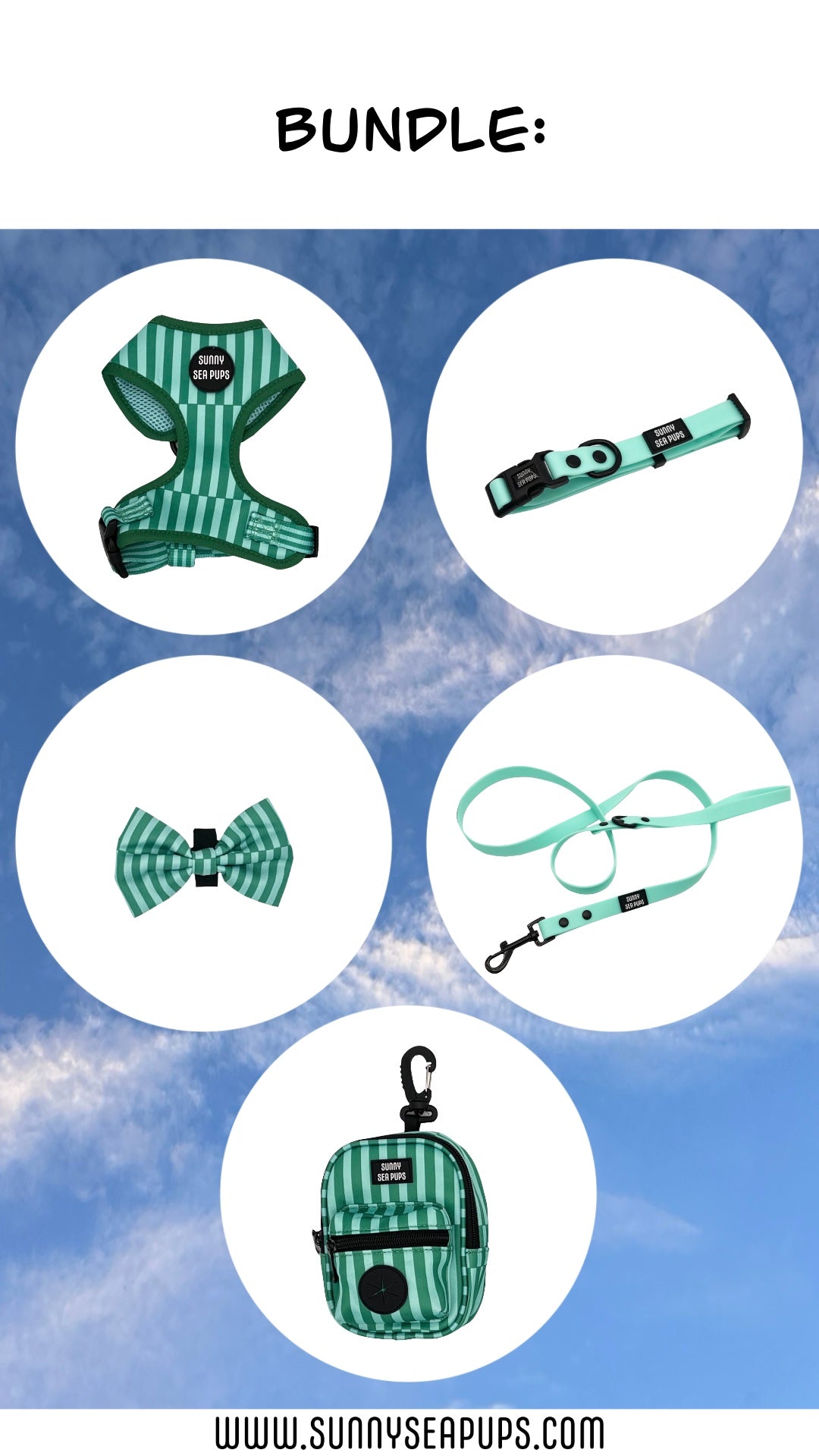 Coastal Calm - Bundle 1: Harness, Bow Tie, Tums & Bums Pouch, Waterproof Collar & Lead