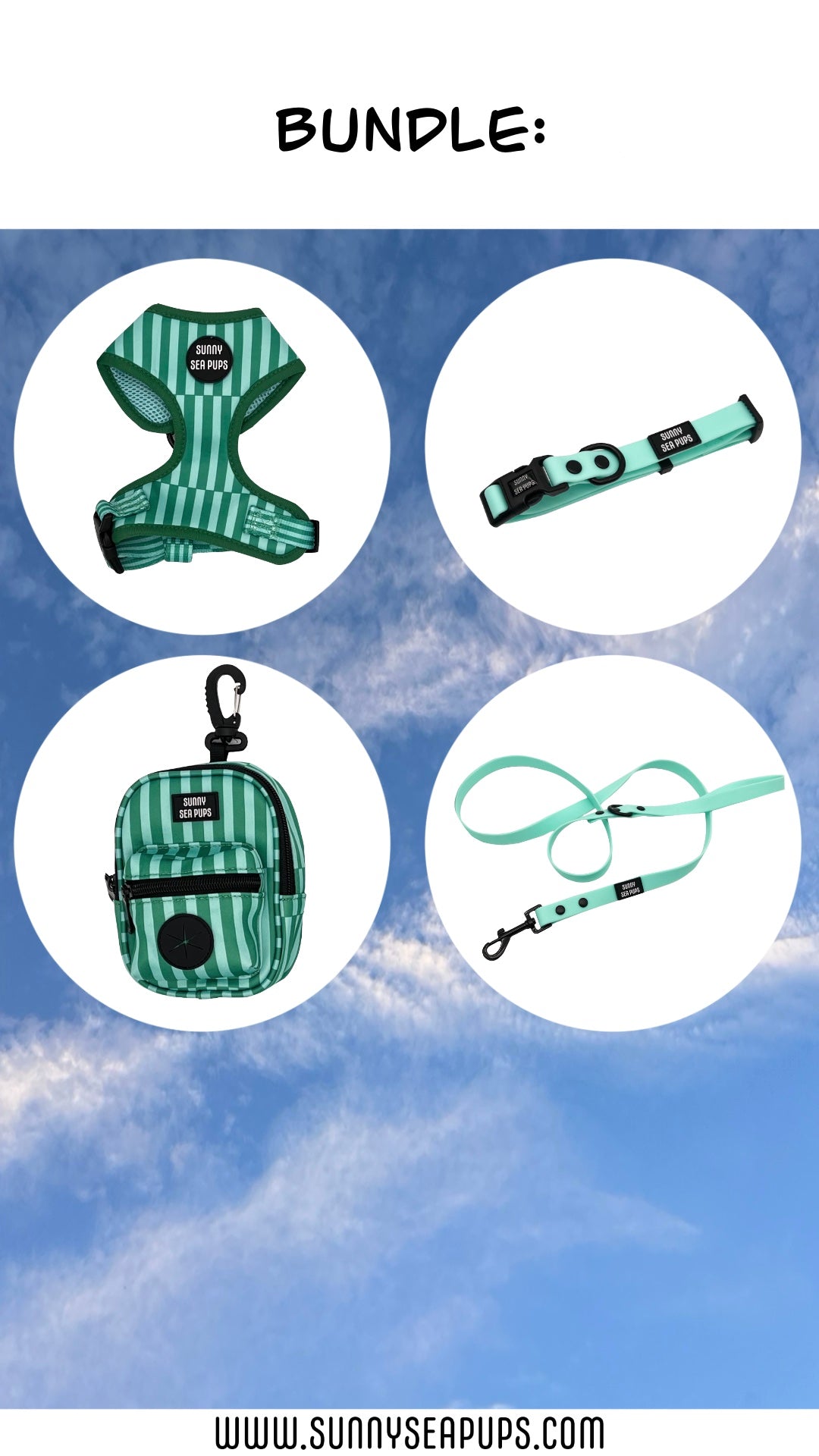 Coastal Calm - Bundle 2: Harness, Tums & Bums Pouch, Waterproof Collar & Lead